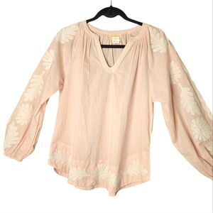 Sweet Mangnolia Light Pink White Embroidered Floral Puff Sleeves Romantic Top L